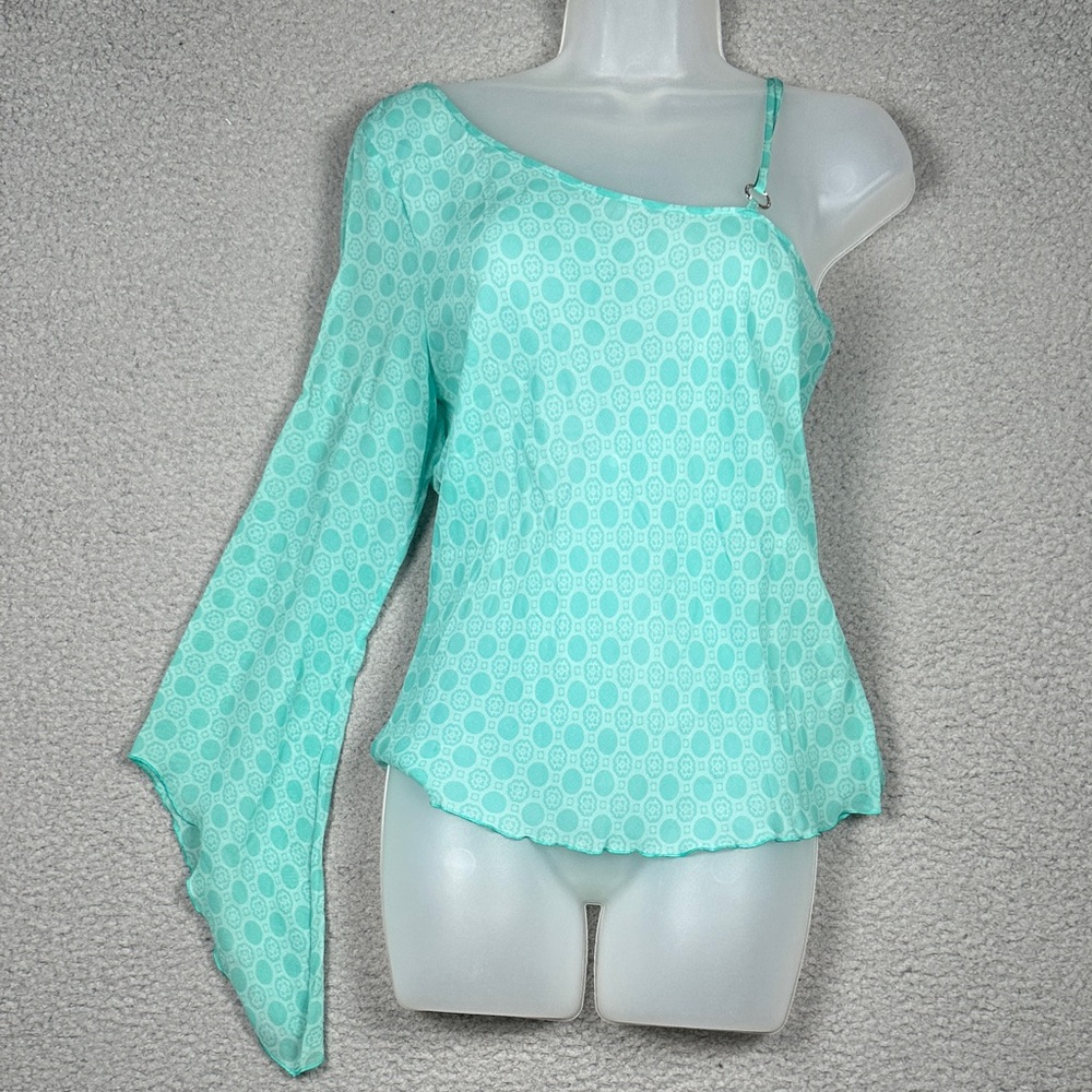 Asymmetric One-Shoulder Mint Green Blouse with Draped Sleeve - Picture 13 of 16